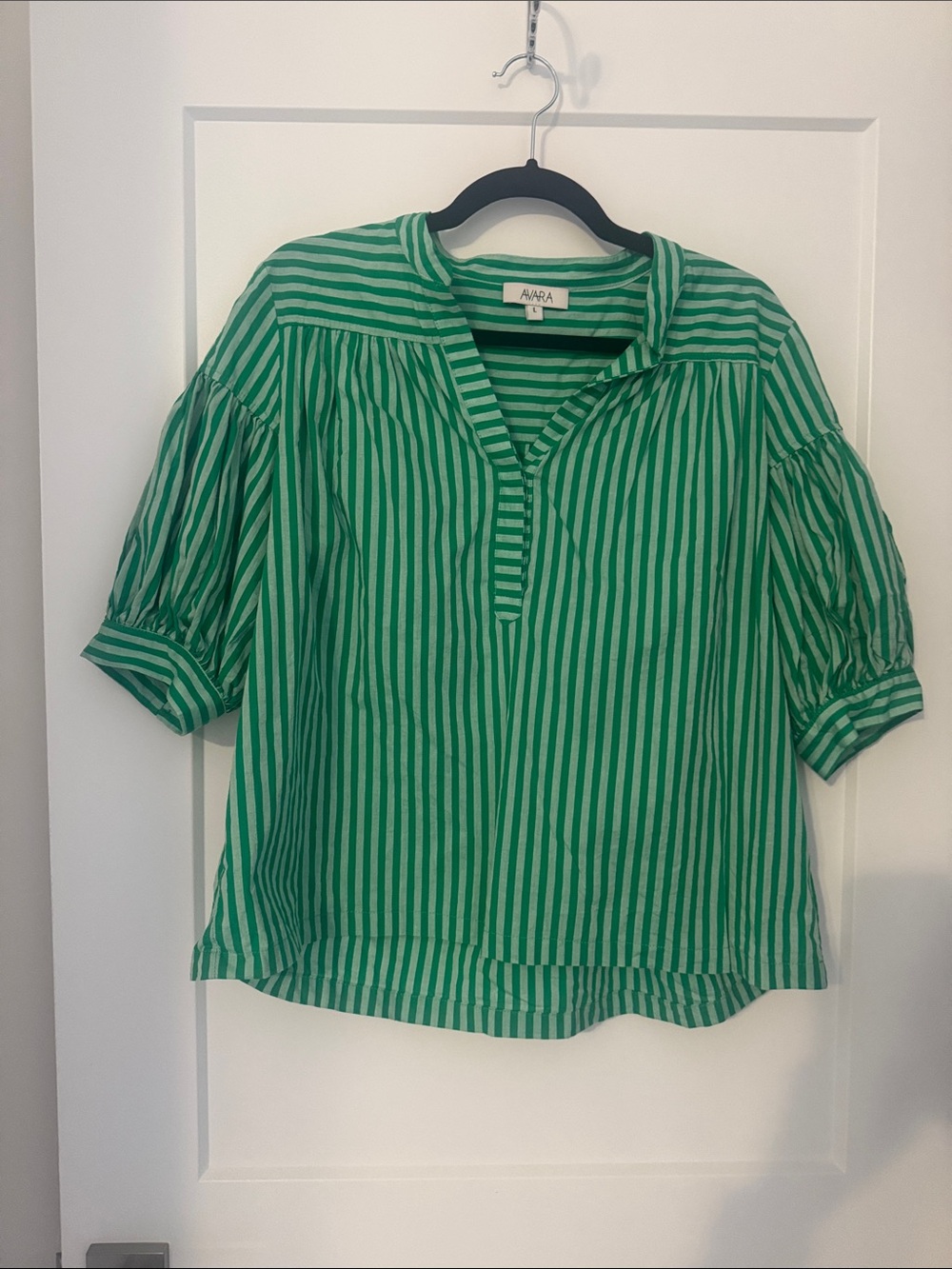Avara Green Striped Puff Sleeve Blouse
